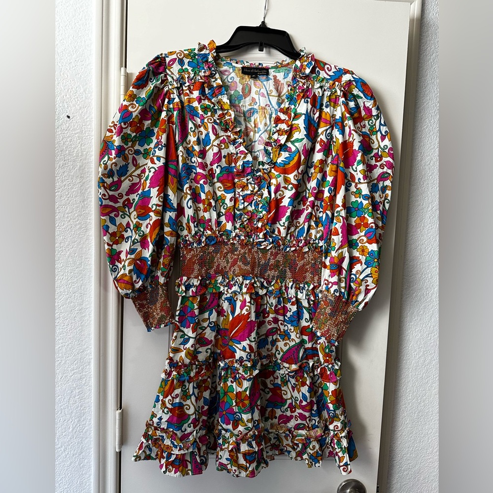 House of Harlow 1960 x Nicole Richie Smocked Floral Ruffled Puff Sleeve Dress M